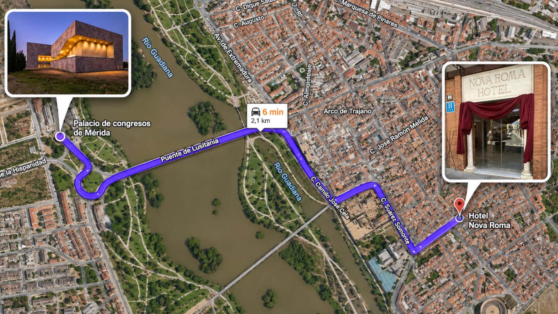 Plano ubicación del Palacio de Congresos de Mérida y el hotel Nova Roma